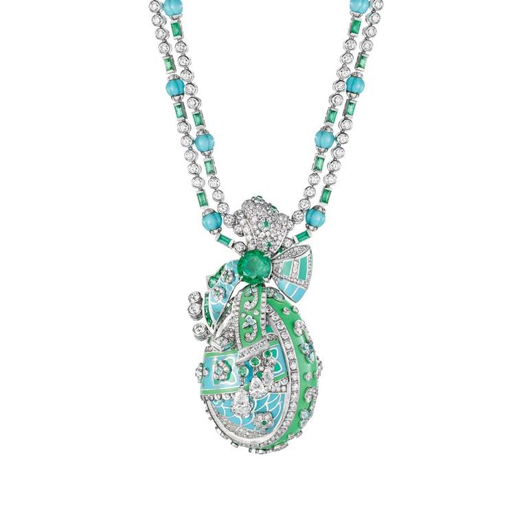 Fabergé necklace from the Summer in Provence high jewellery collection, set with emeralds, turquoise beads and diamonds, holding a detachable Fabergé egg embellished with floral motifs.